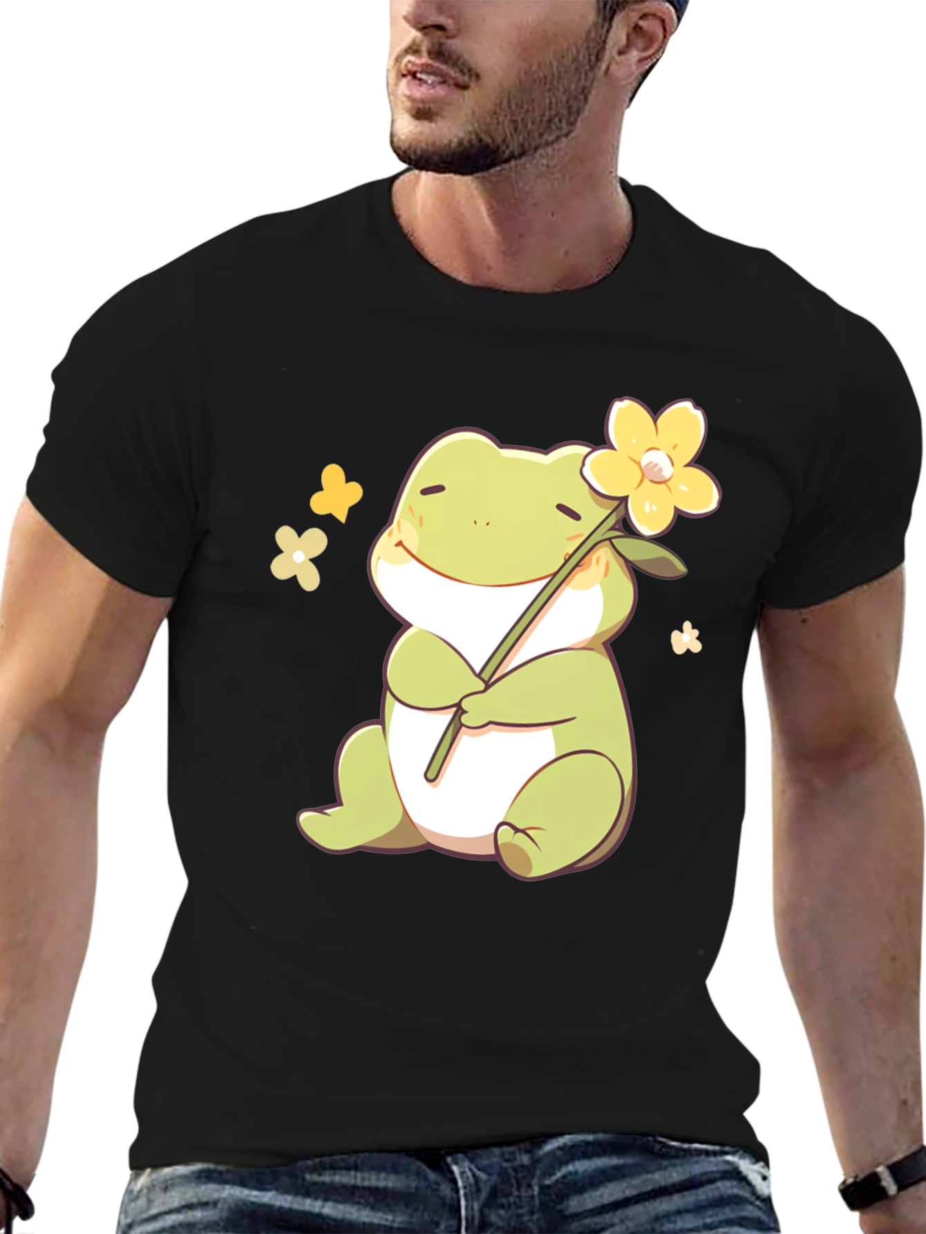 Cute Frog with Flower Black T-Shirt