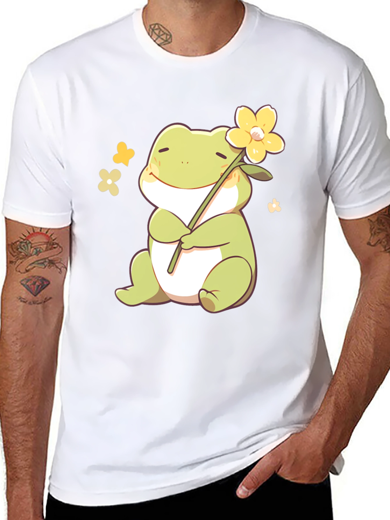 Cute Frog with Flower Black T-Shirt