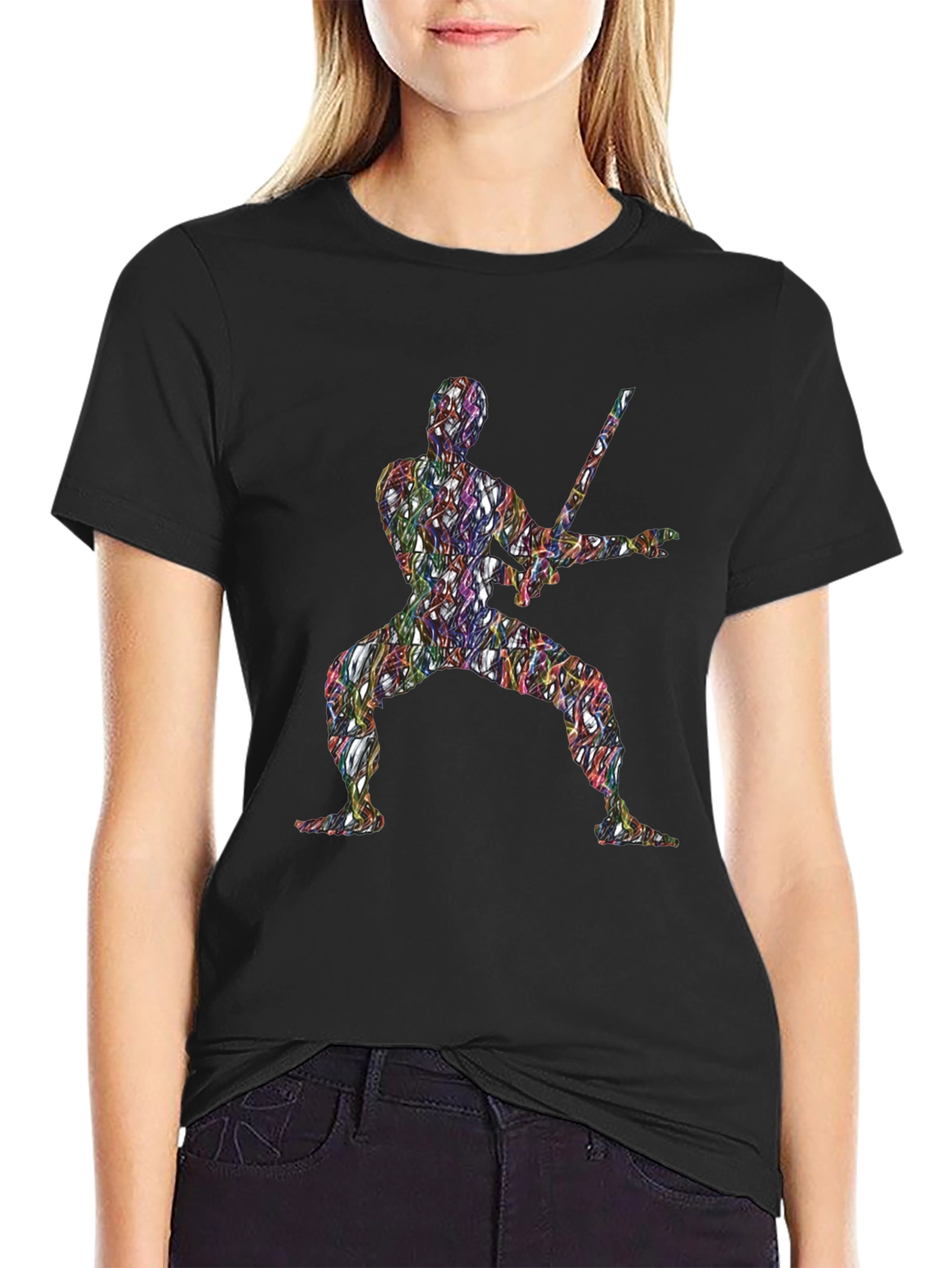 Abstract Ninja Warrior Graphic T-Shirt - Black