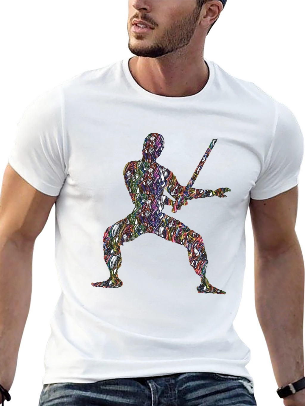 Abstract Ninja Warrior Graphic T-Shirt - Black