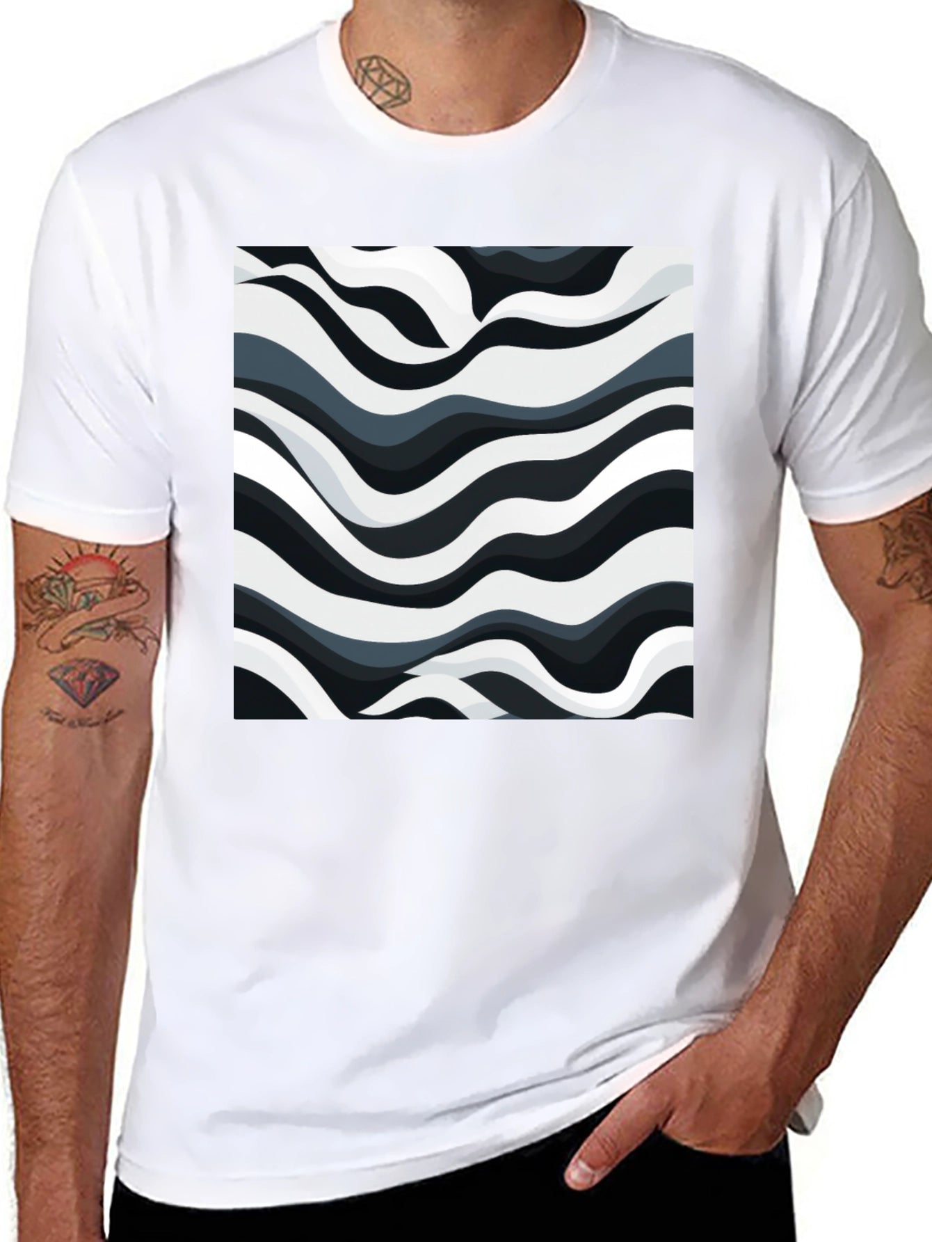 Abstract Wave Print Black T-Shirt
