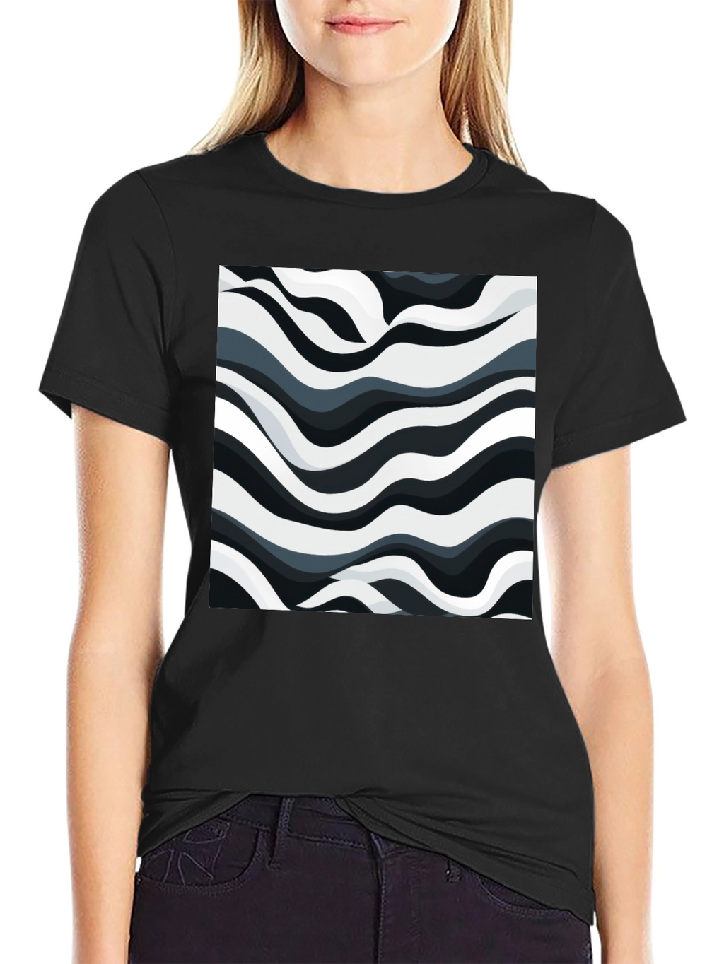 Abstract Wave Print Black T-Shirt