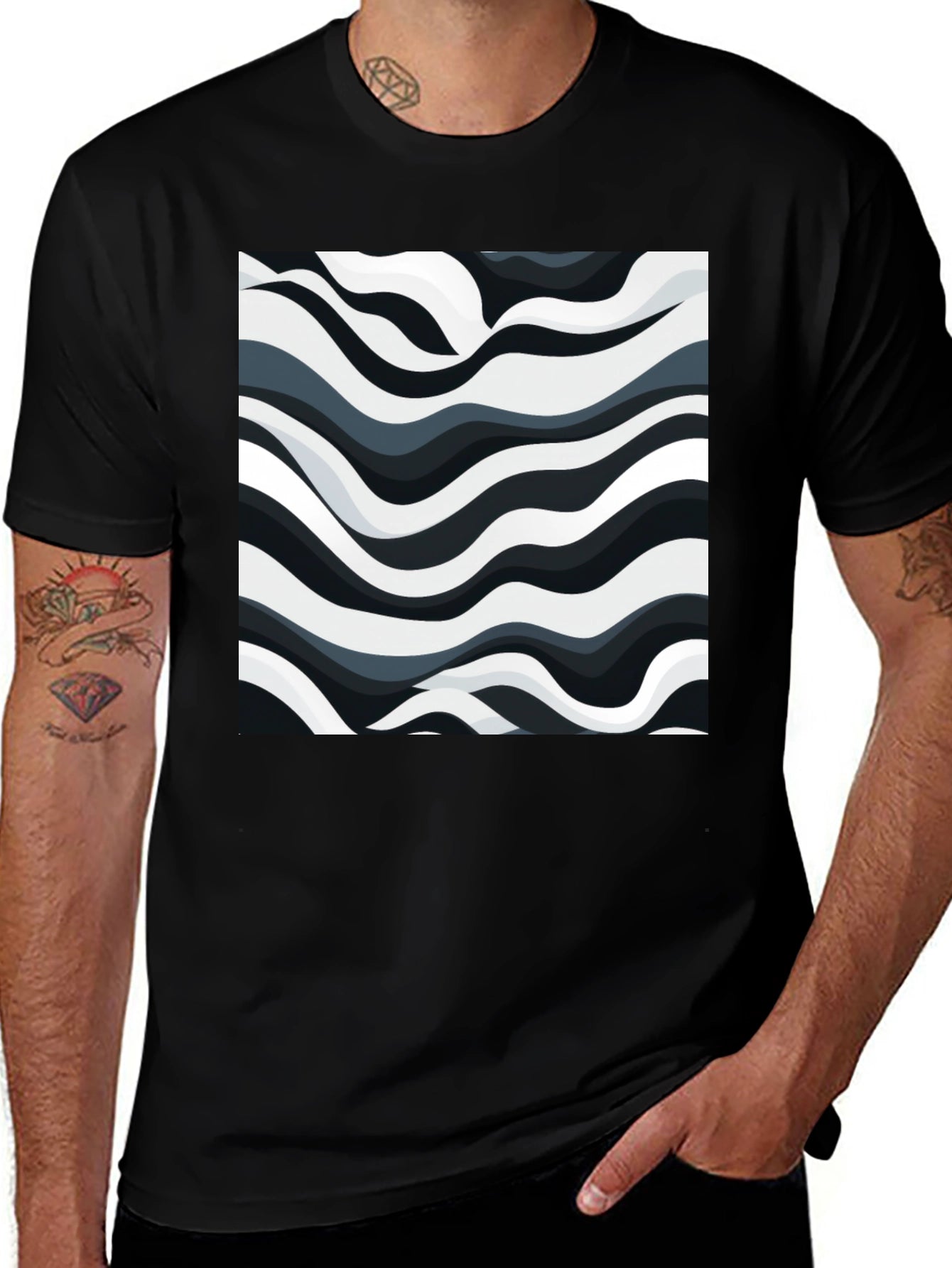 Abstract Wave Print Black T-Shirt