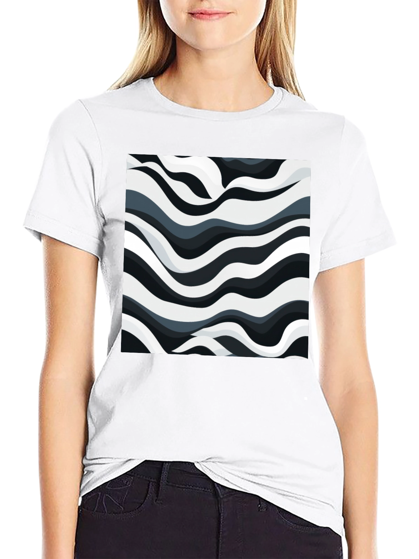 Abstract Wave Print Black T-Shirt