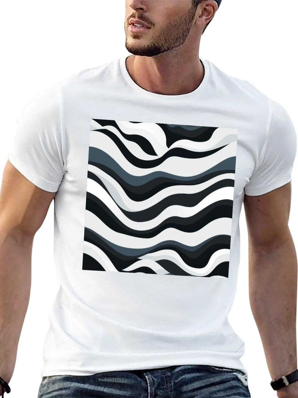 Abstract Wave Print Black T-Shirt
