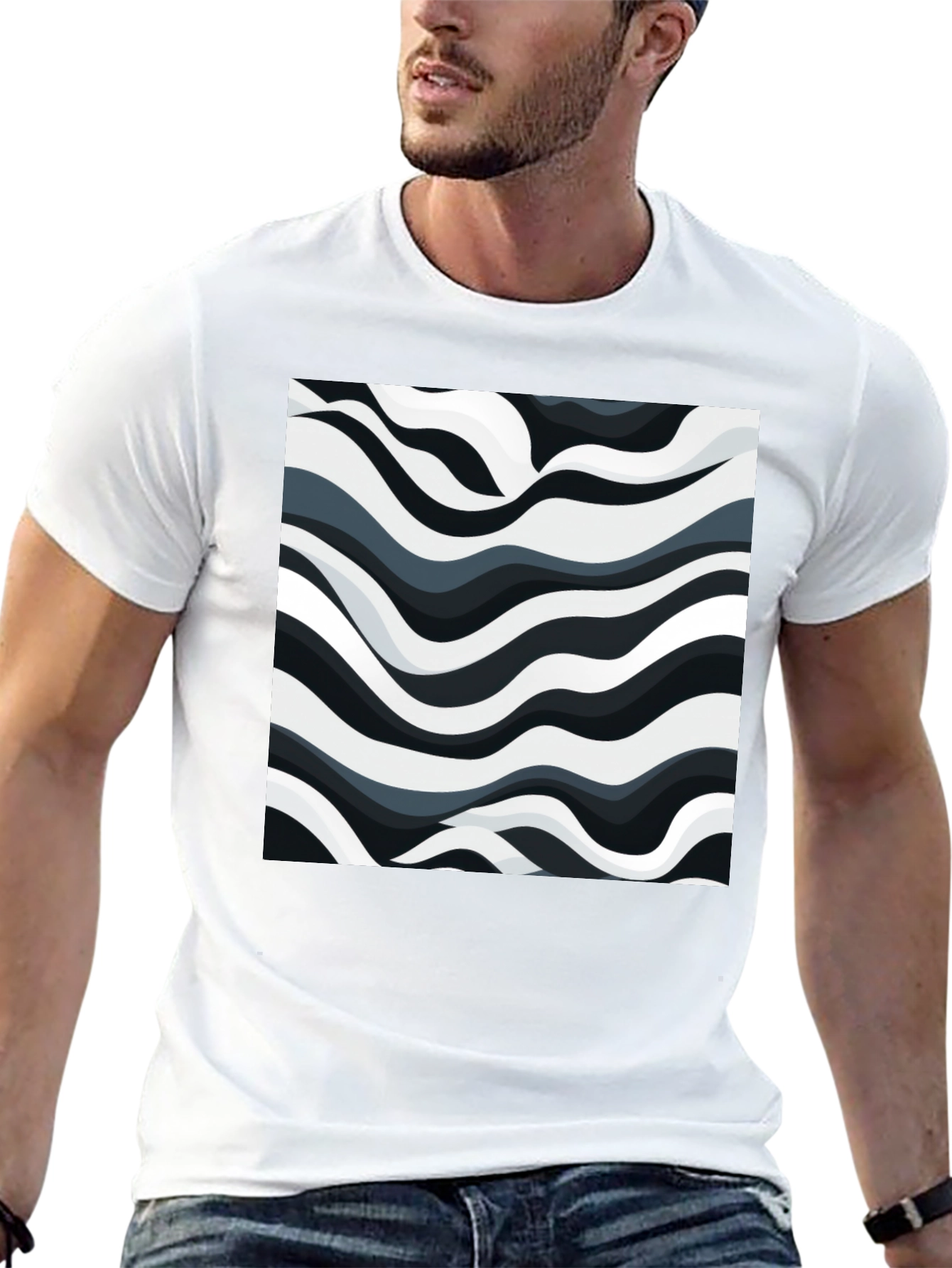 Abstract Wave Print Black T-Shirt
