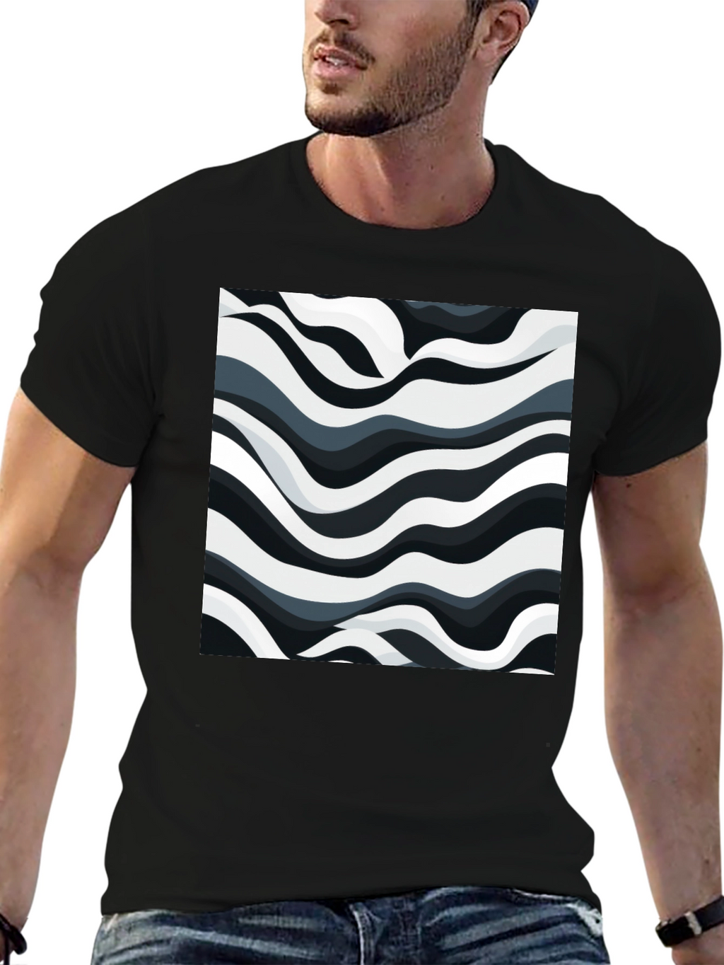 Abstract Wave Print Black T-Shirt