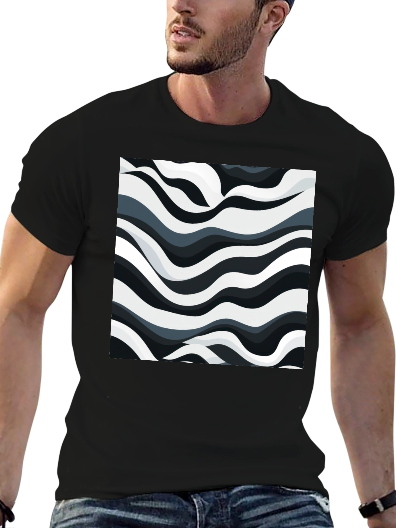 Abstract Wave Print Black T-Shirt