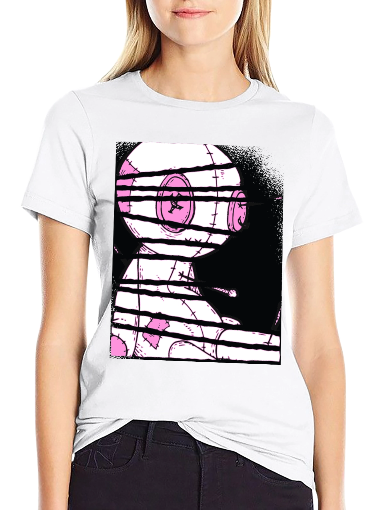Glitchy Doll Graphic Tee - Black Cotton T-Shirt
