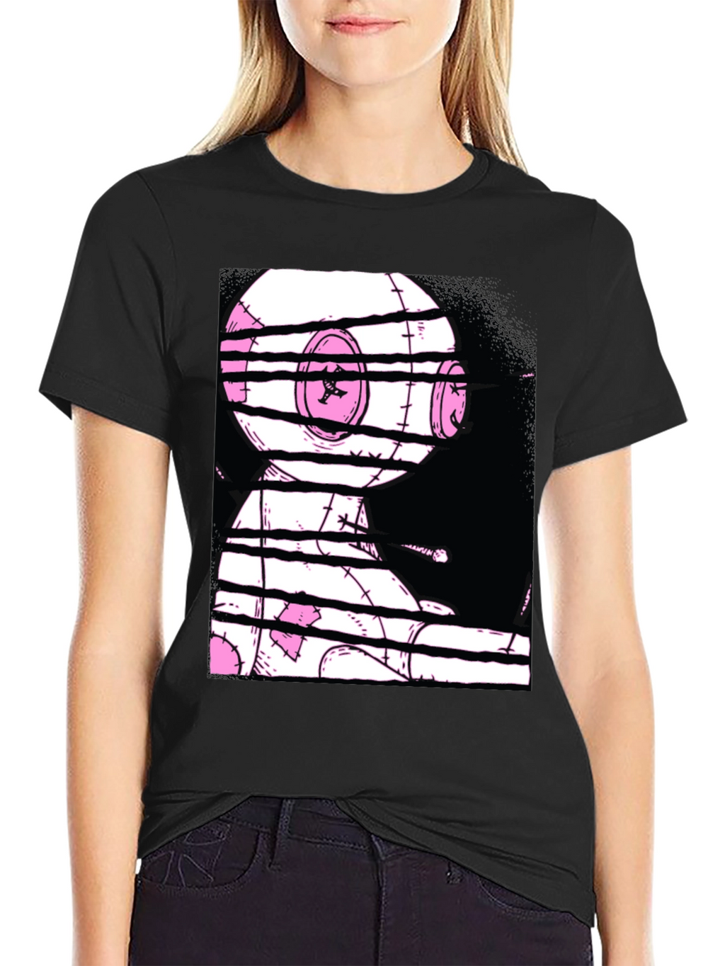 Glitchy Doll Graphic Tee - Black Cotton T-Shirt