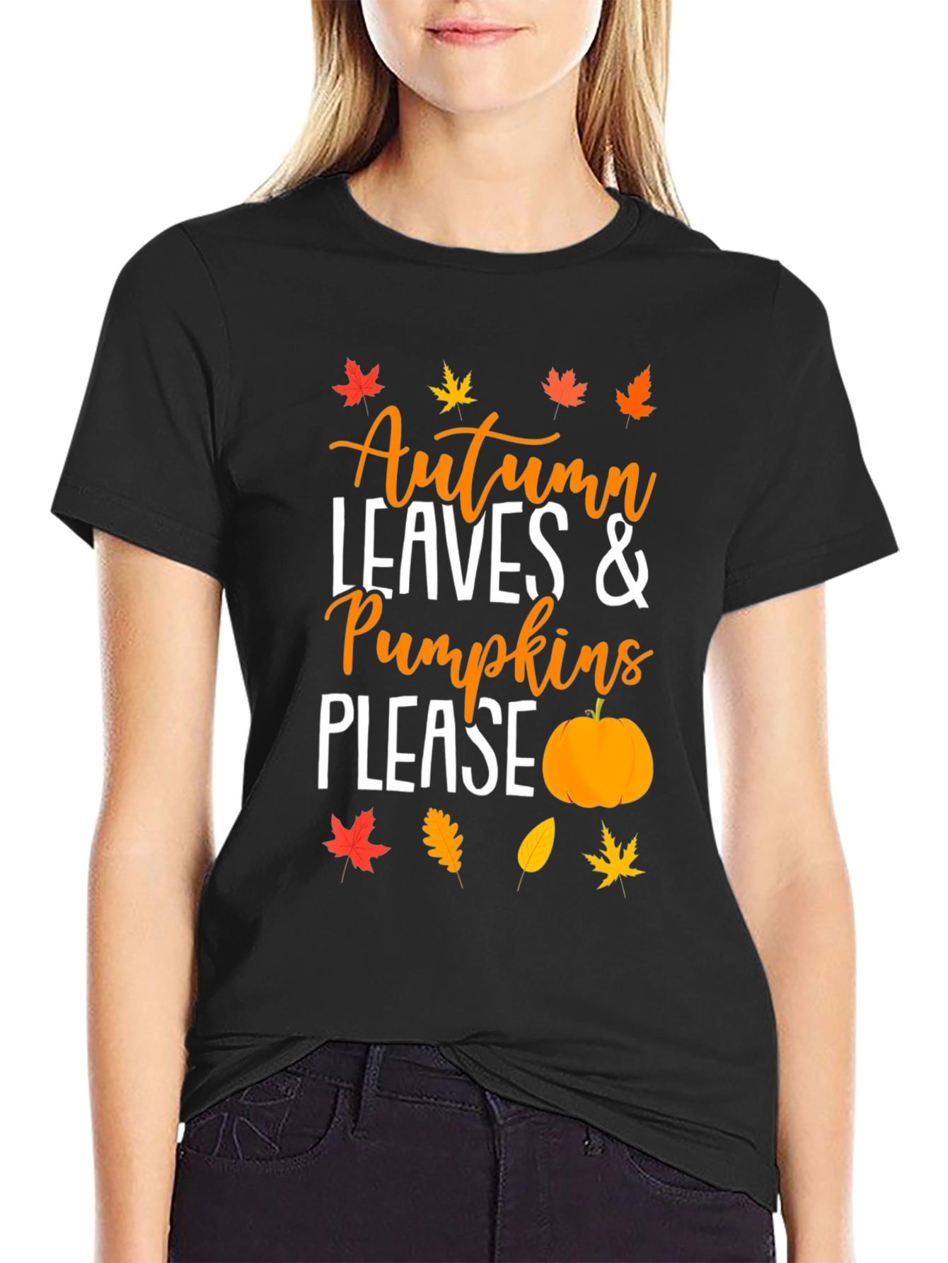 Autumn Leaves & Pumpkins Please Black T-Shirt