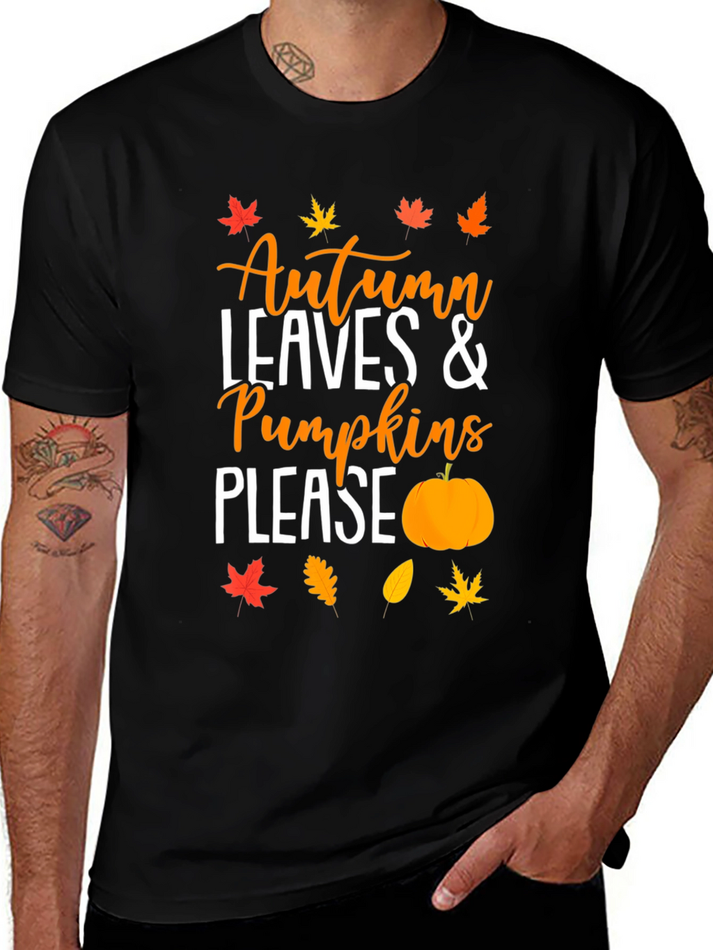 Autumn Leaves & Pumpkins Please Black T-Shirt