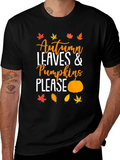 Autumn Leaves & Pumpkins Please Black T-Shirt