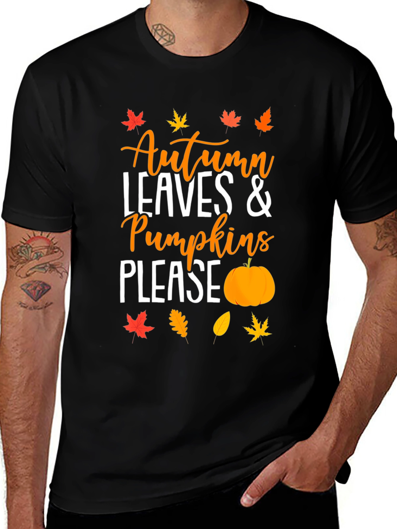 Autumn Leaves & Pumpkins Please Black T-Shirt