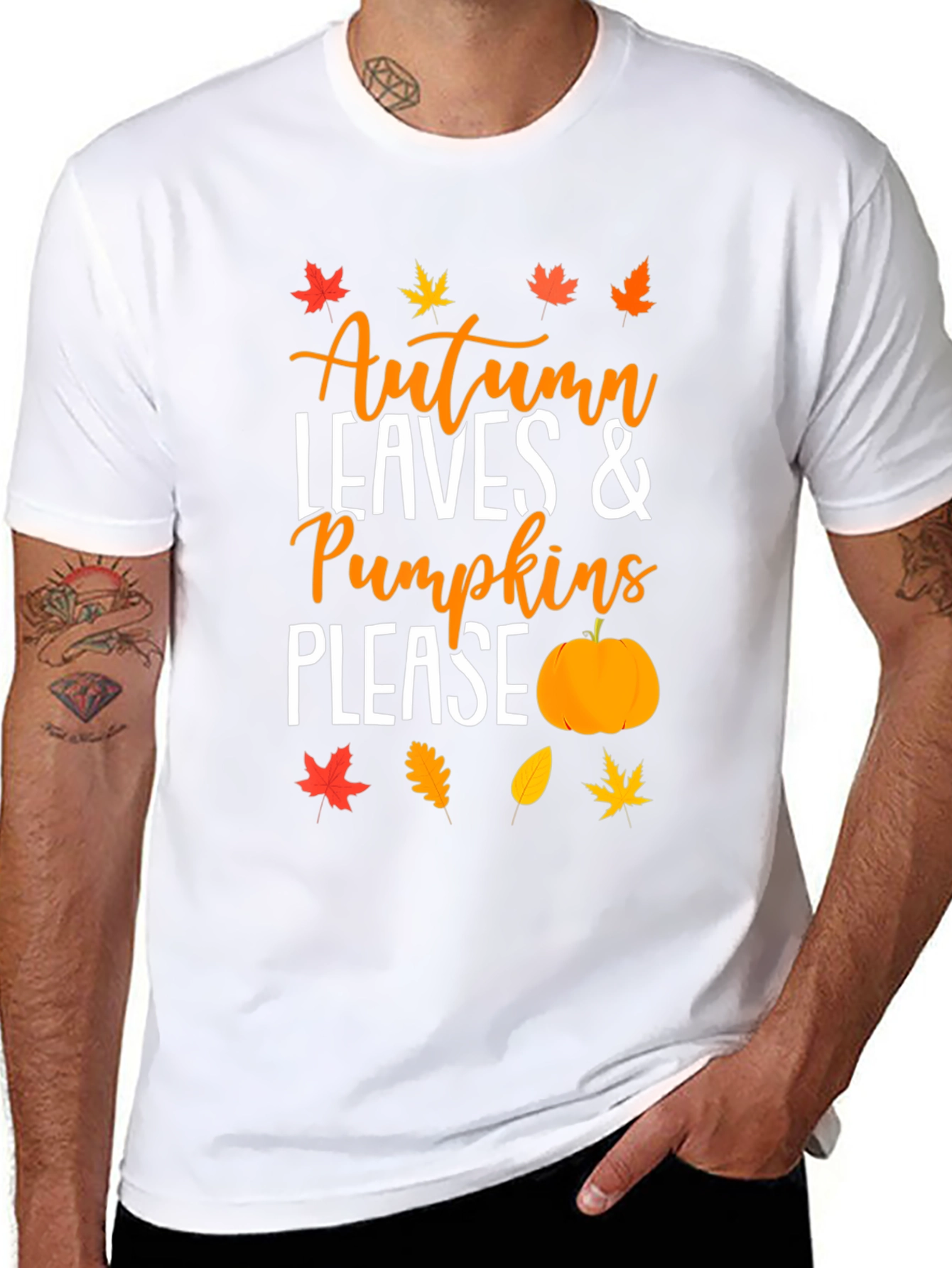 Autumn Leaves & Pumpkins Please Black T-Shirt