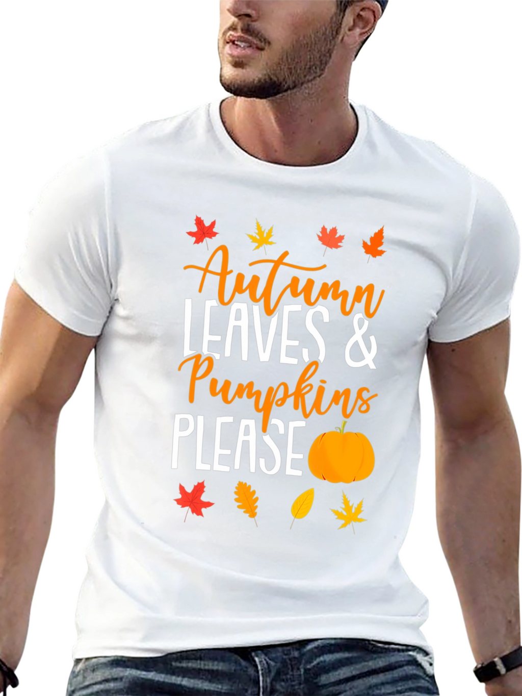 Autumn Leaves & Pumpkins Please Black T-Shirt