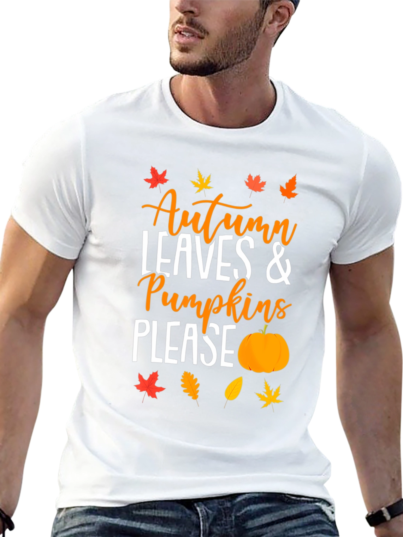 Autumn Leaves & Pumpkins Please Black T-Shirt