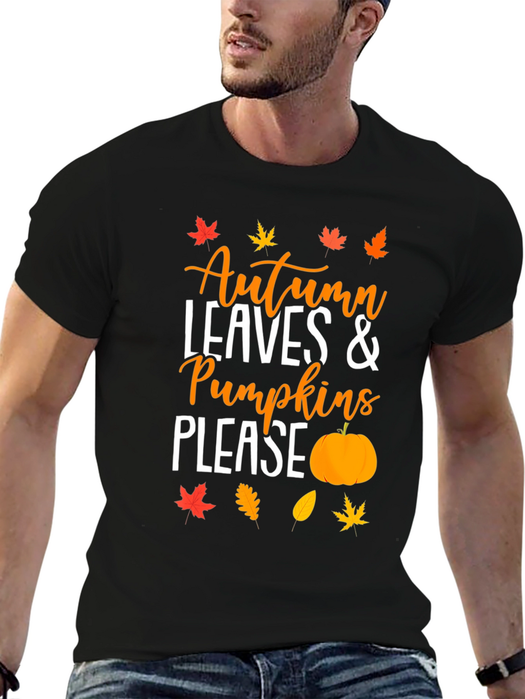 Autumn Leaves & Pumpkins Please Black T-Shirt