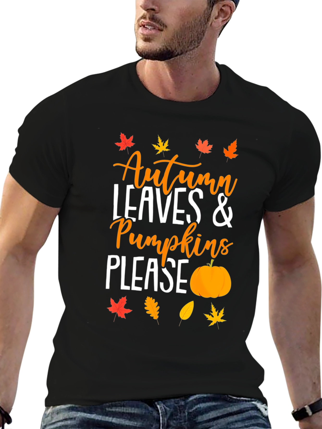 Autumn Leaves & Pumpkins Please Black T-Shirt