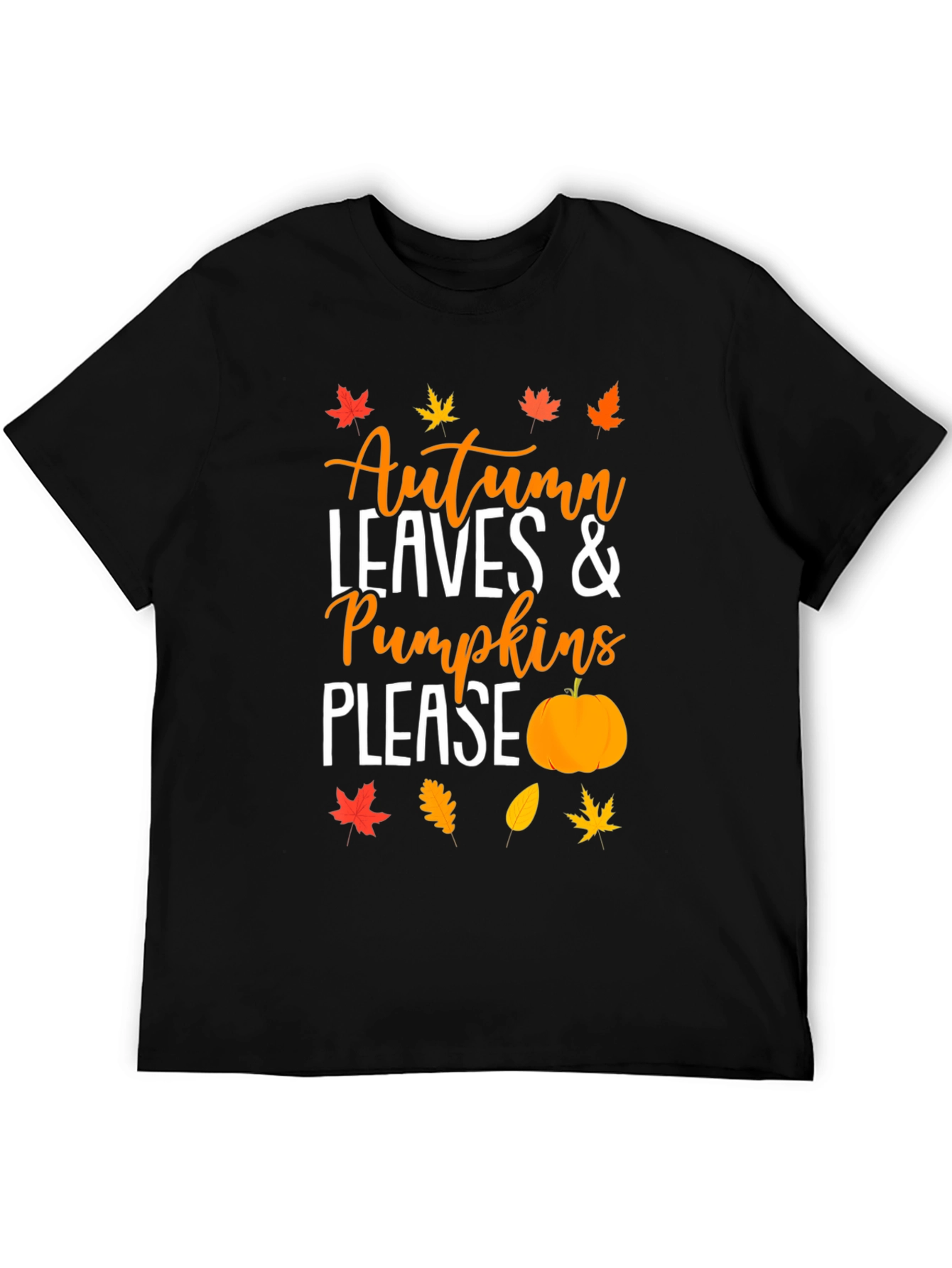 Autumn Leaves & Pumpkins Please Black T-Shirt