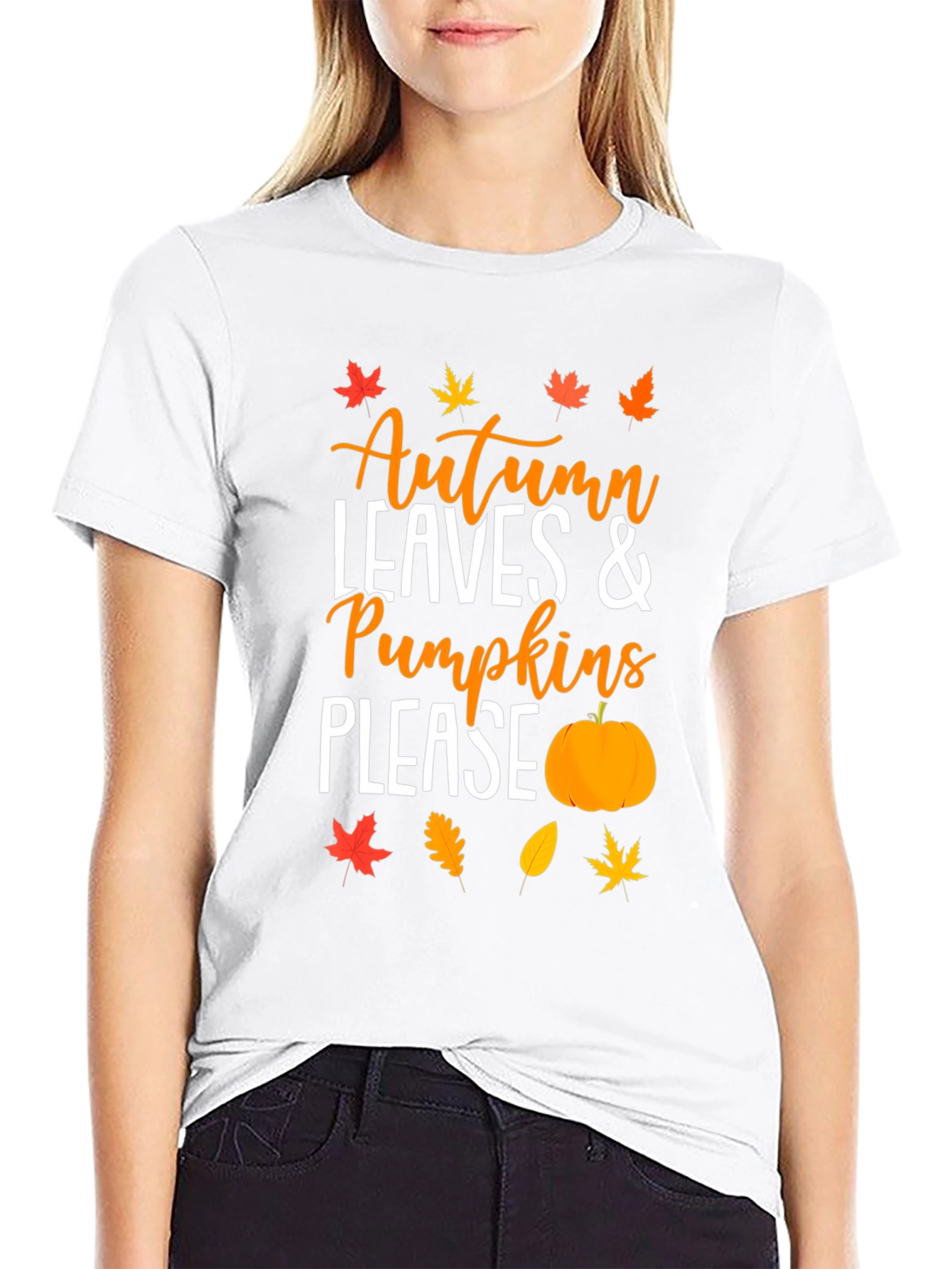 Autumn Leaves & Pumpkins Please Black T-Shirt