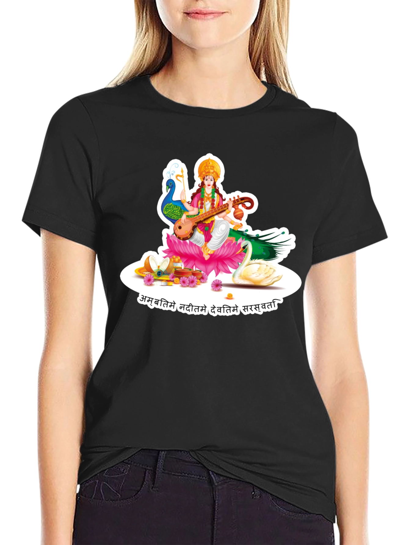 Saraswati Graphic Tee - Black Cotton T-Shirt