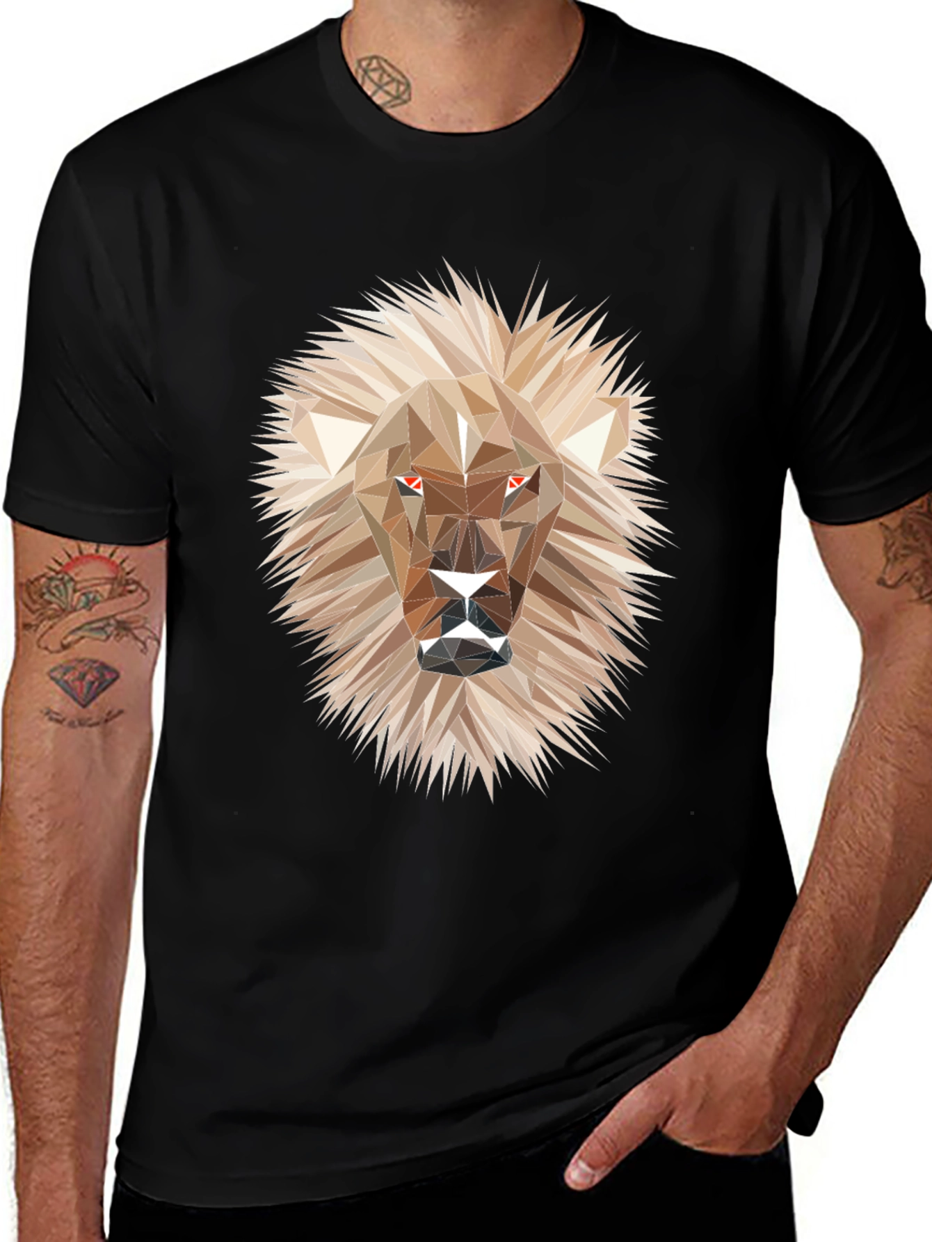 Geometric Lion Graphic Tee - Stylish Mens Black T-Shirt