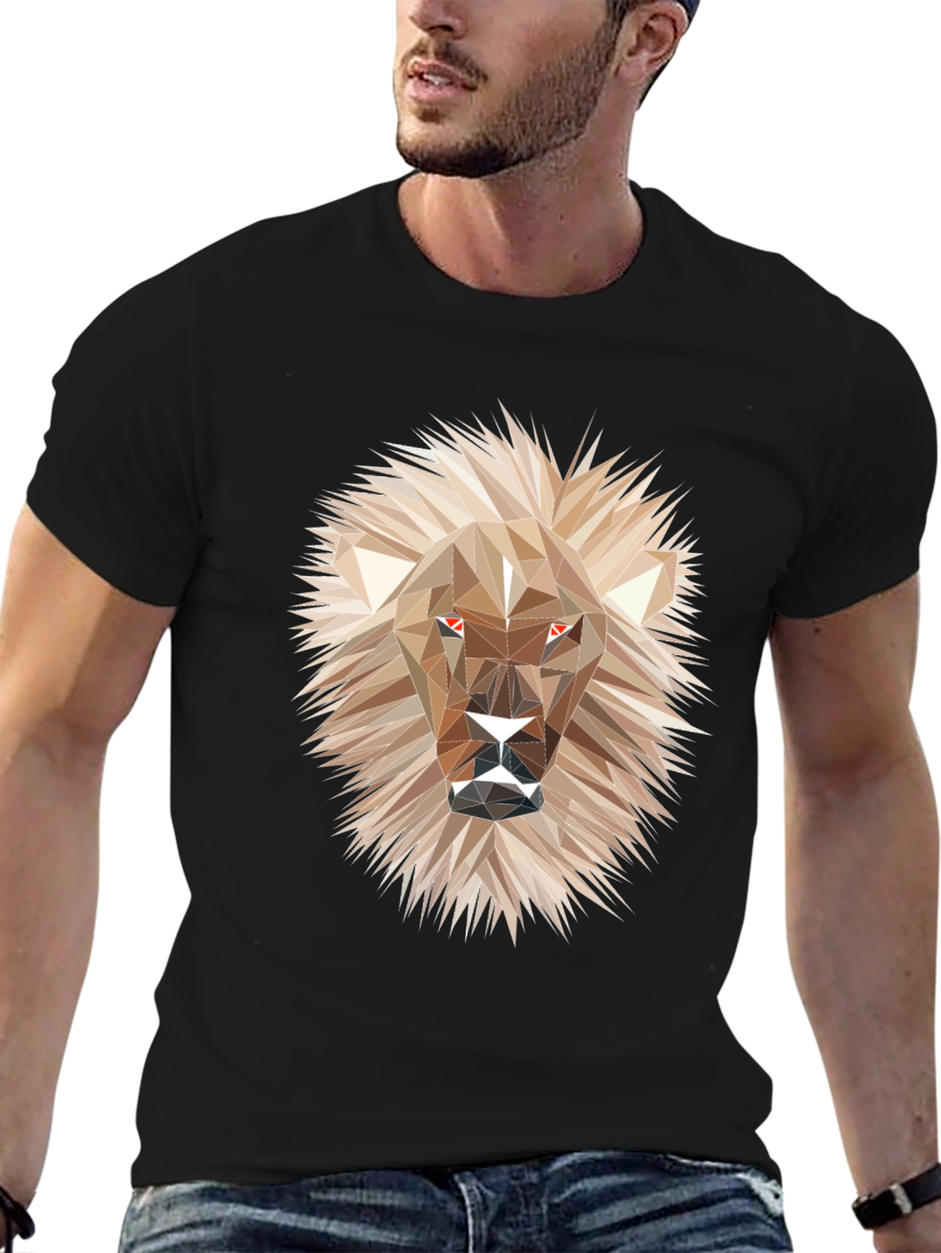 Geometric Lion Graphic Tee - Stylish Mens Black T-Shirt