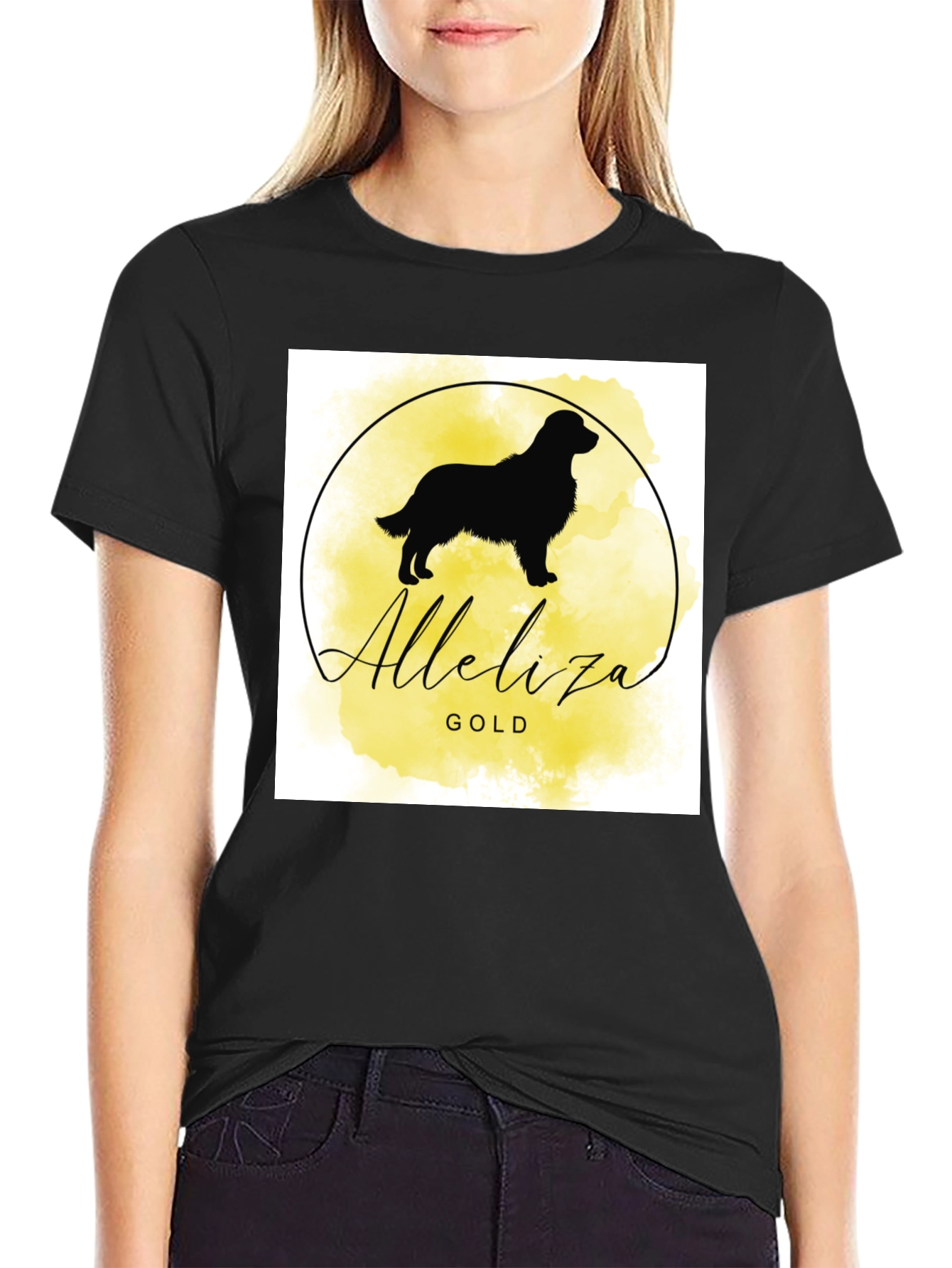 Alleliiza Gold Dog Silhouette Black T-Shirt