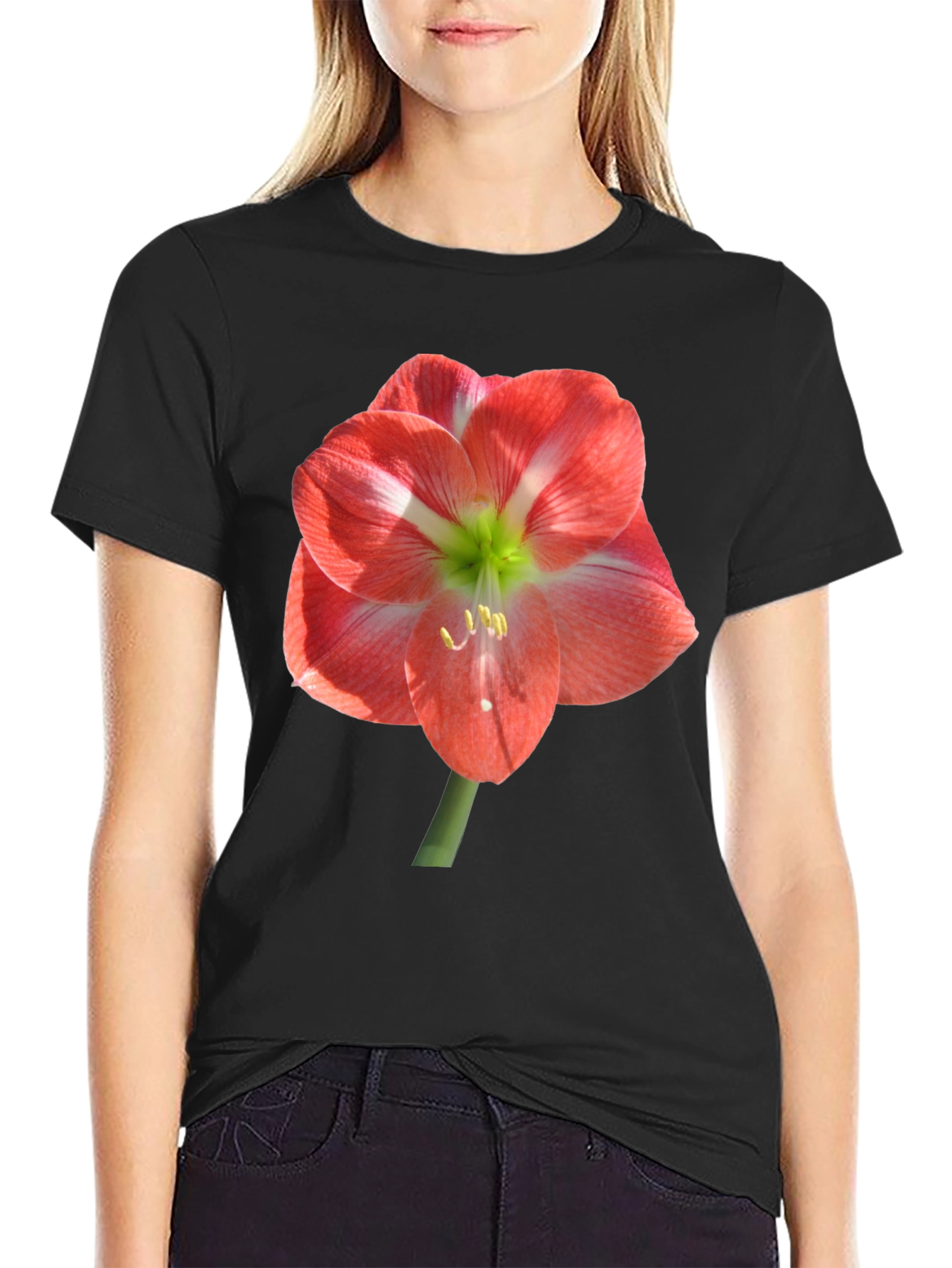 Black T-Shirt with Large Floral Print