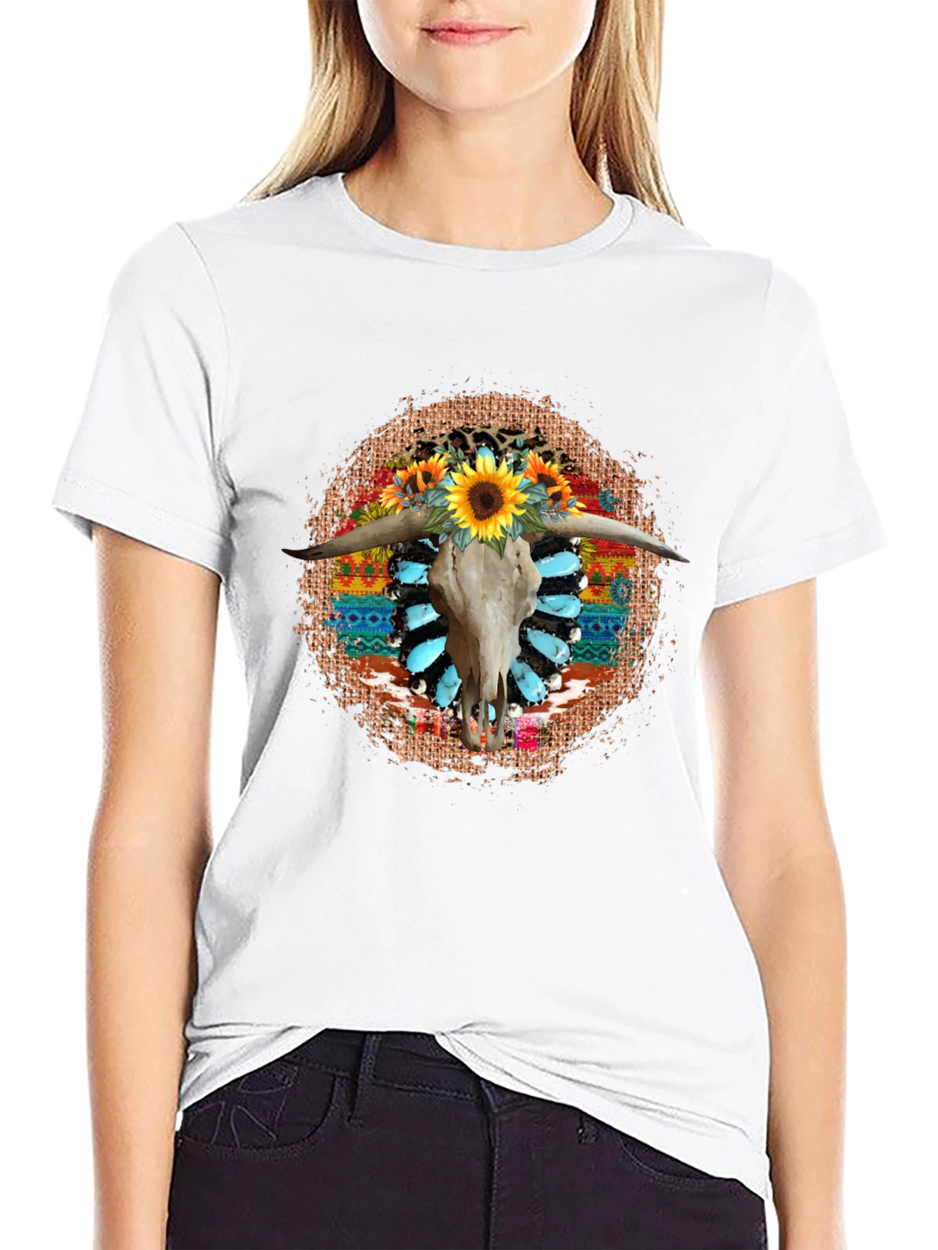 Rustic Steer Skull Sunflower Graphic Tee