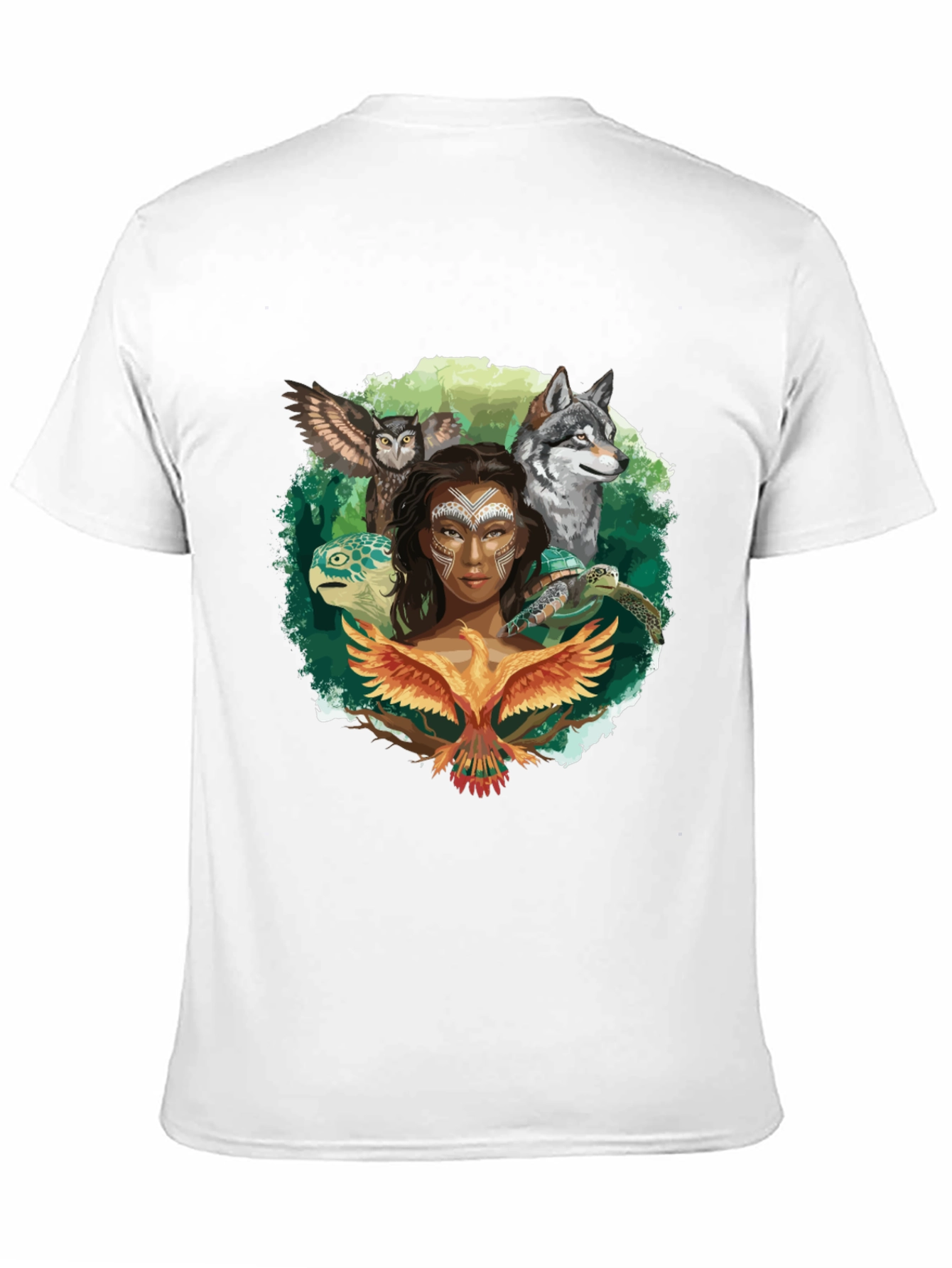Nature Spirit T-Shirt: Wolf Owl Turtle Woman Phoenix