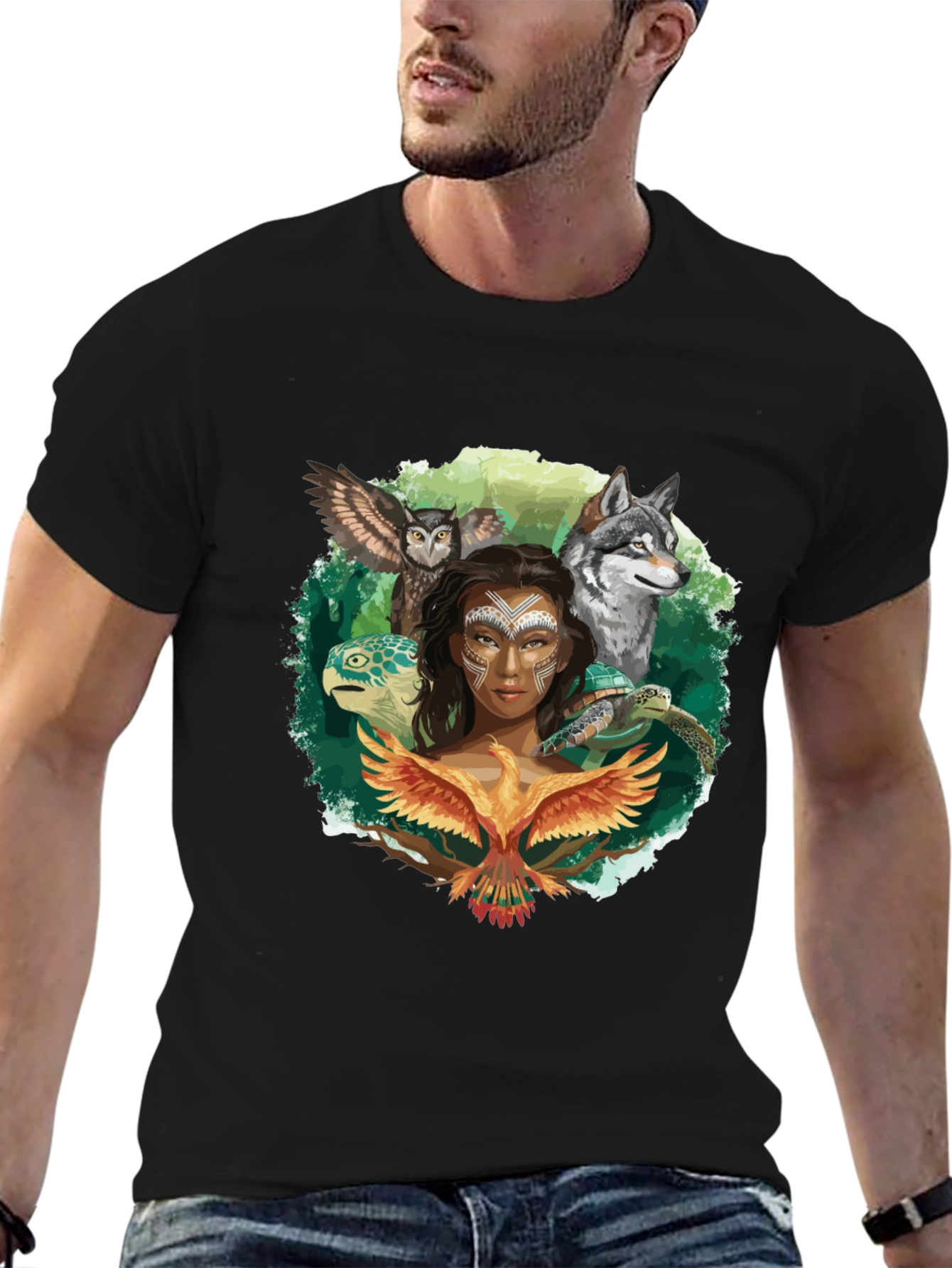 Nature Spirit T-Shirt: Wolf Owl Turtle Woman Phoenix