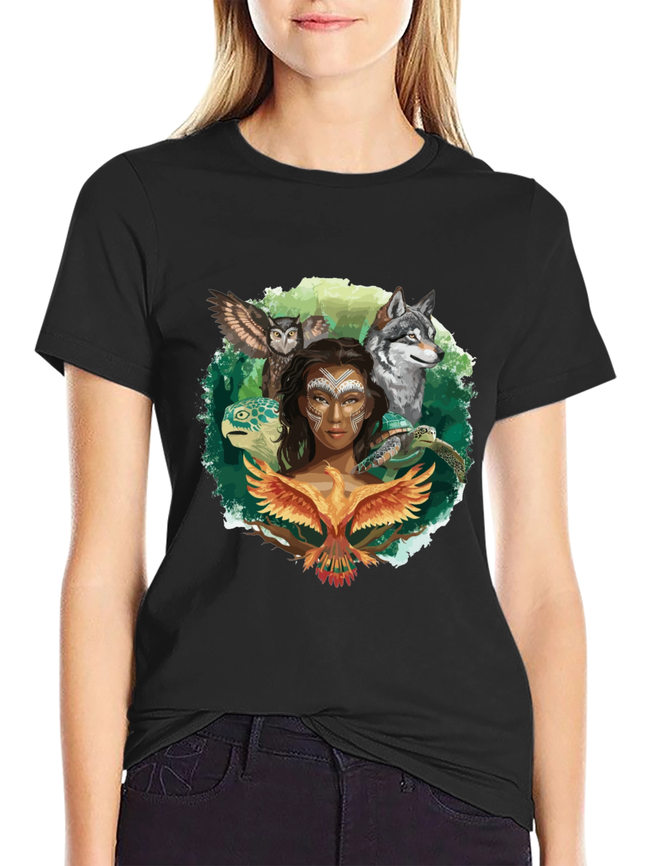 Nature Spirit T-Shirt: Wolf Owl Turtle Woman Phoenix