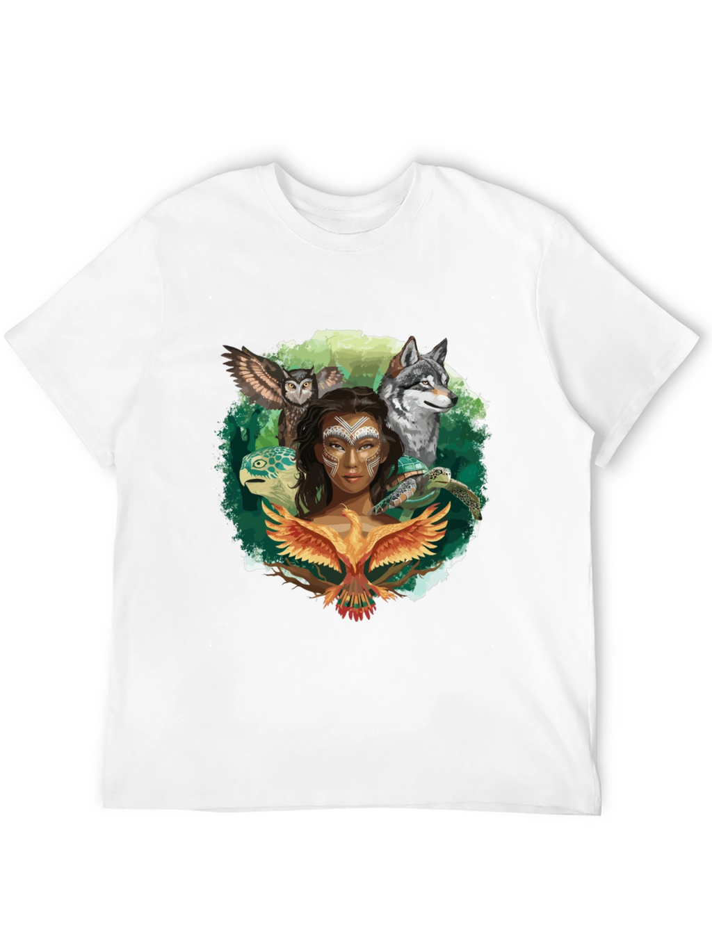 Nature Spirit T-Shirt: Wolf Owl Turtle Woman Phoenix