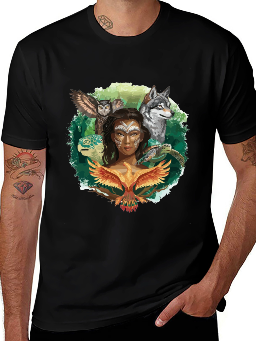 Nature Spirit T-Shirt: Wolf Owl Turtle Woman Phoenix