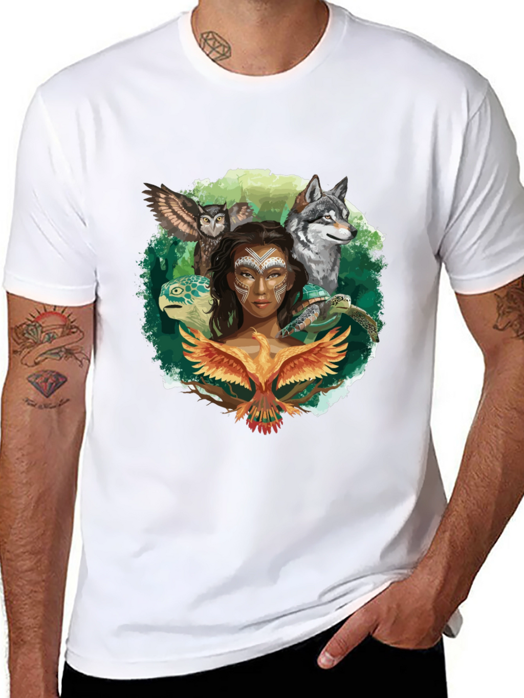 Nature Spirit T-Shirt: Wolf Owl Turtle Woman Phoenix