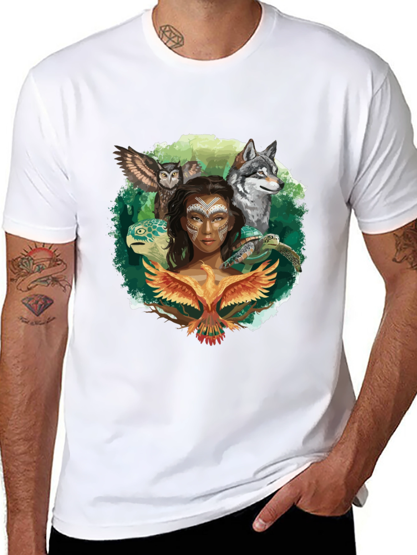 Nature Spirit T-Shirt: Wolf Owl Turtle Woman Phoenix