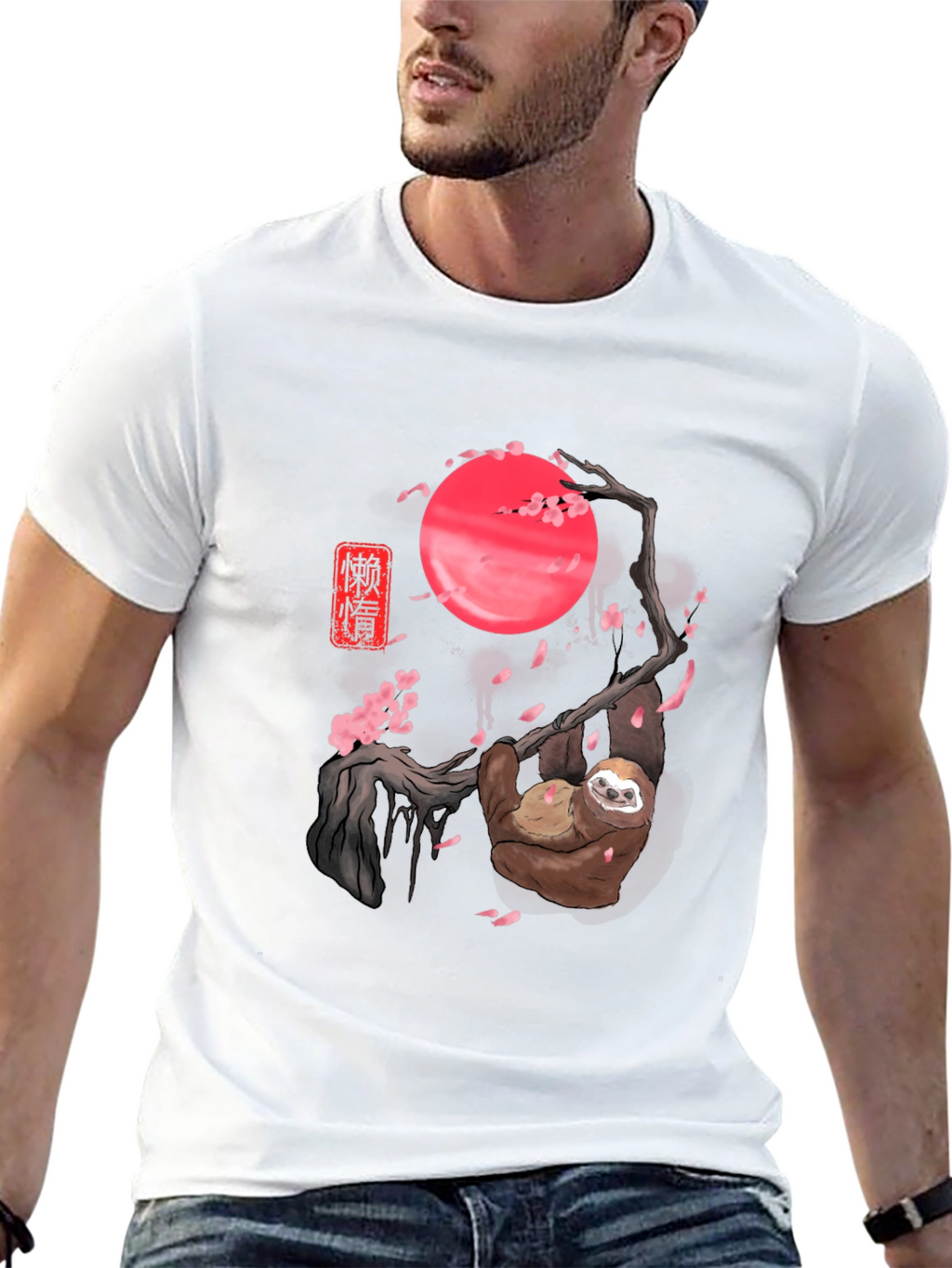 Sloth Cherry Blossom Moon Black T-Shirt