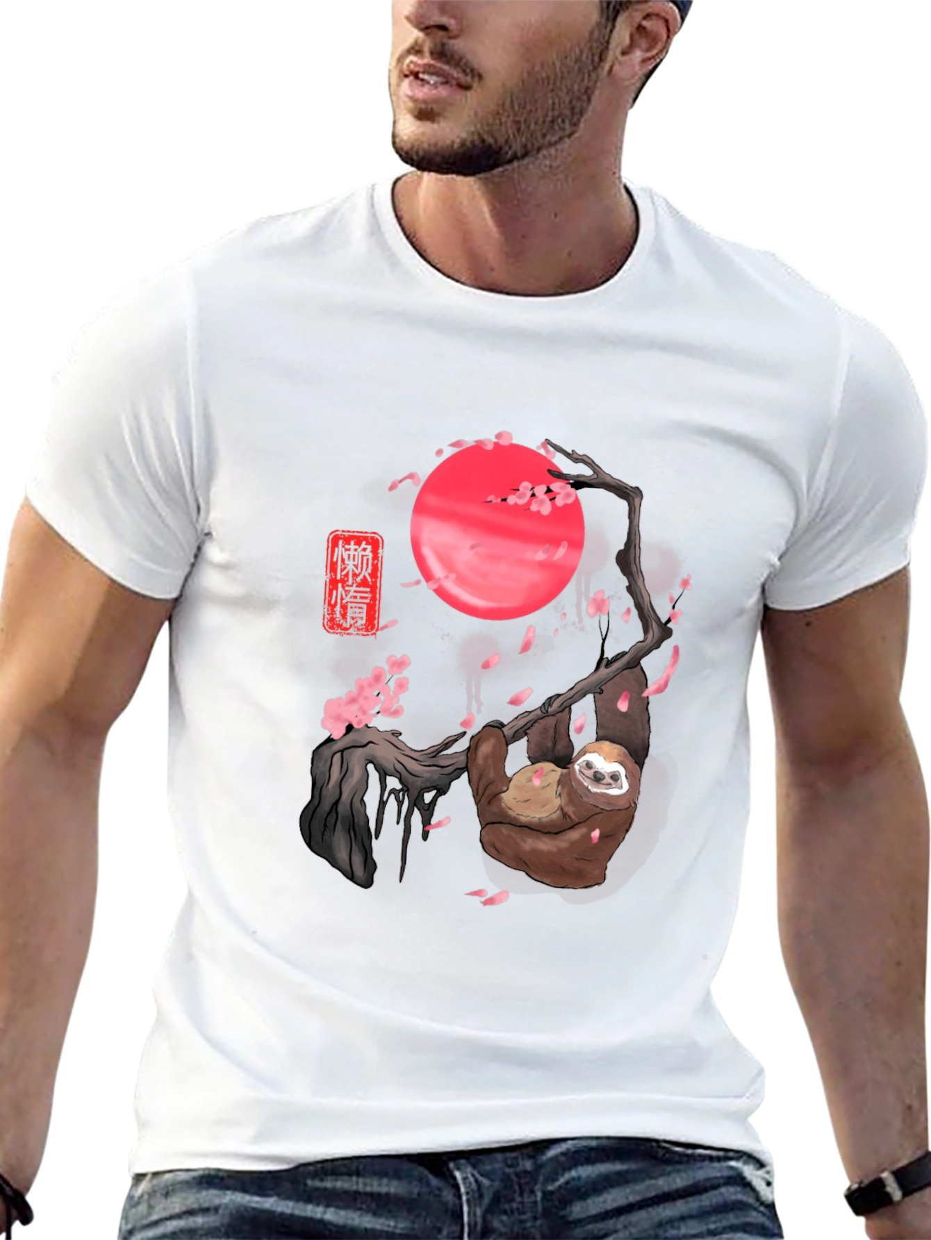 Sloth Cherry Blossom Moon Black T-Shirt