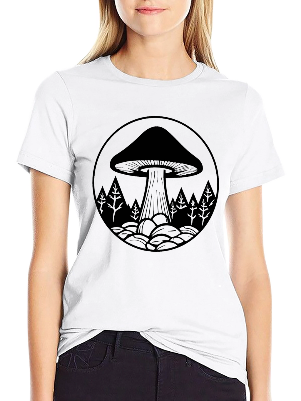 Mushroom Forest Graphic Tee - Black Cotton Blend