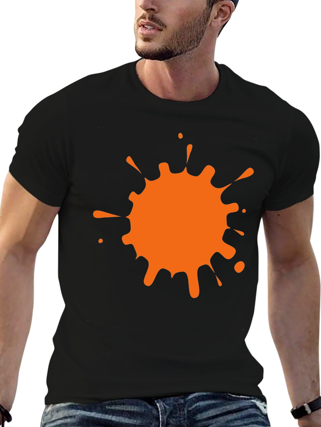 Black T-Shirt with Orange Paint Splatter