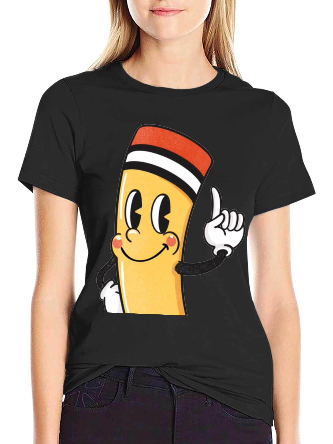 Cartoon Pencil Graphic Black T-Shirt
