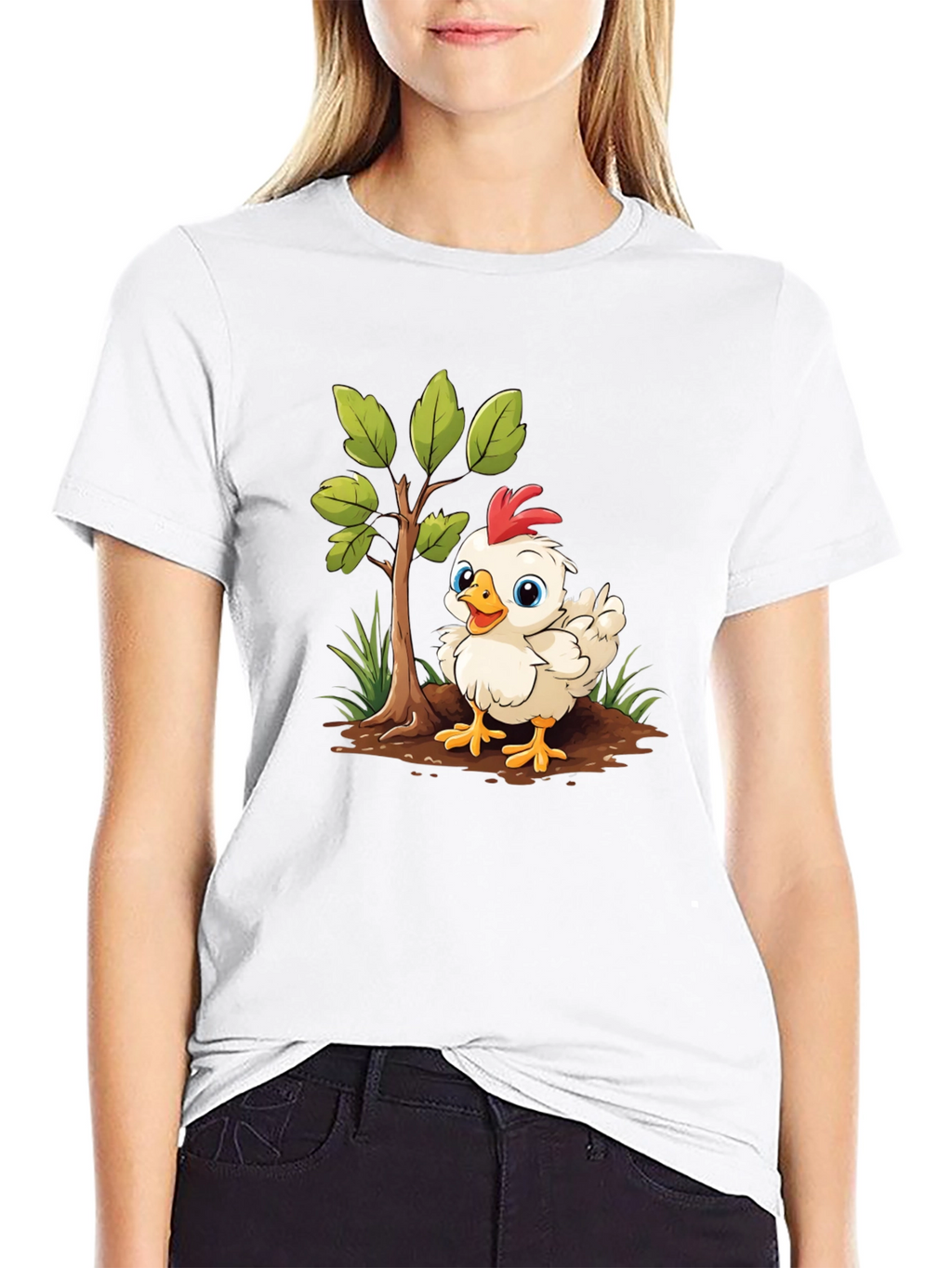 Cute Cartoon Chicken Tree Graphic Tee - Black