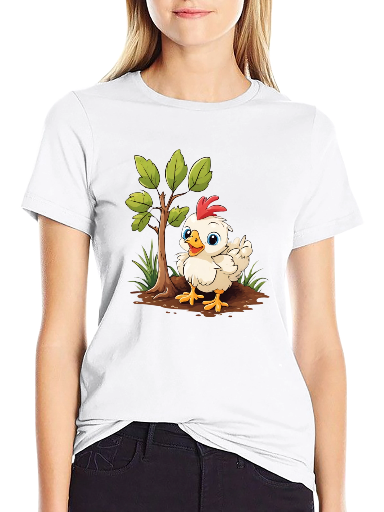 Cute Cartoon Chicken Tree Graphic Tee - Black