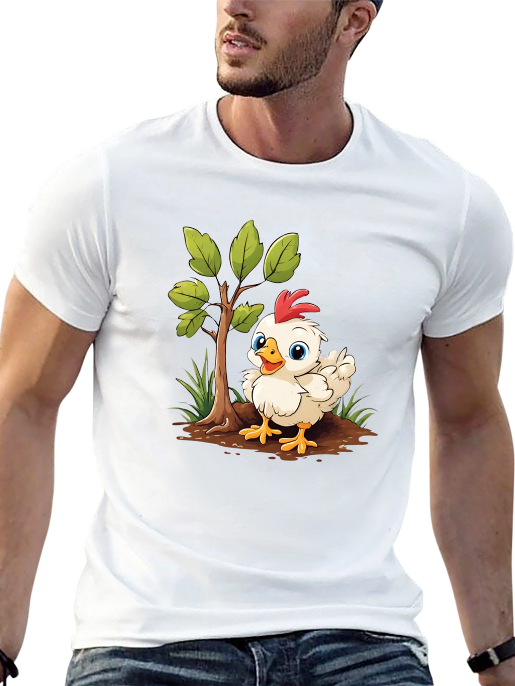 Cute Cartoon Chicken Tree Graphic Tee - Black