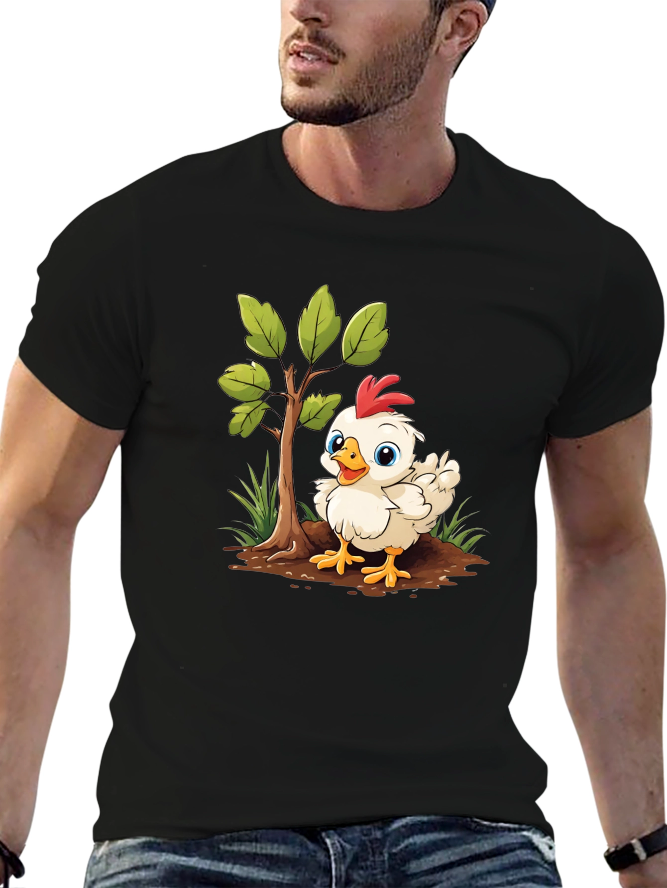 Cute Cartoon Chicken Tree Graphic Tee - Black
