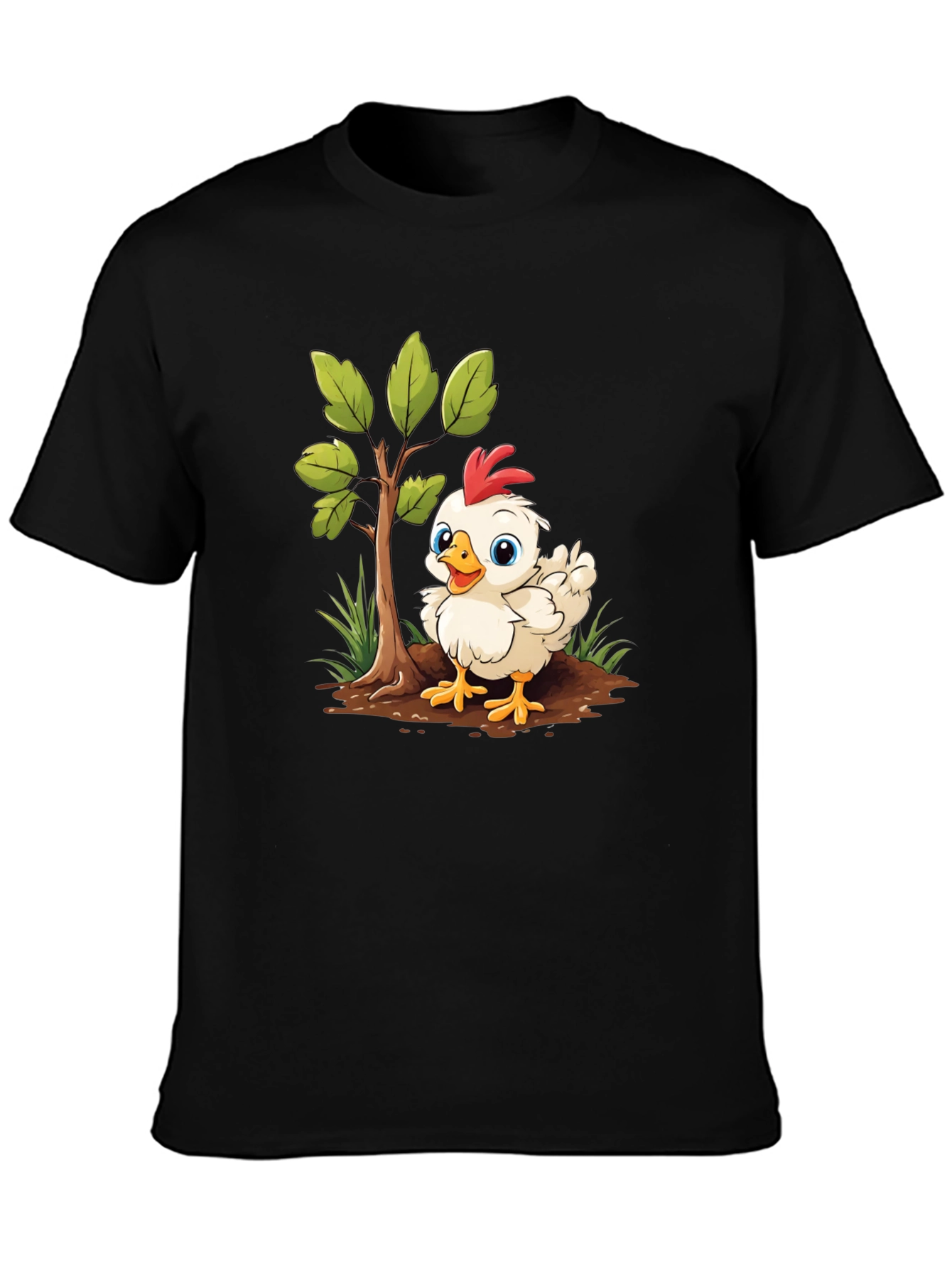 Cute Cartoon Chicken Tree Graphic Tee - Black