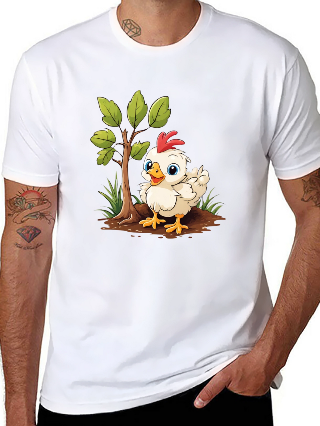 Cute Cartoon Chicken Tree Graphic Tee - Black