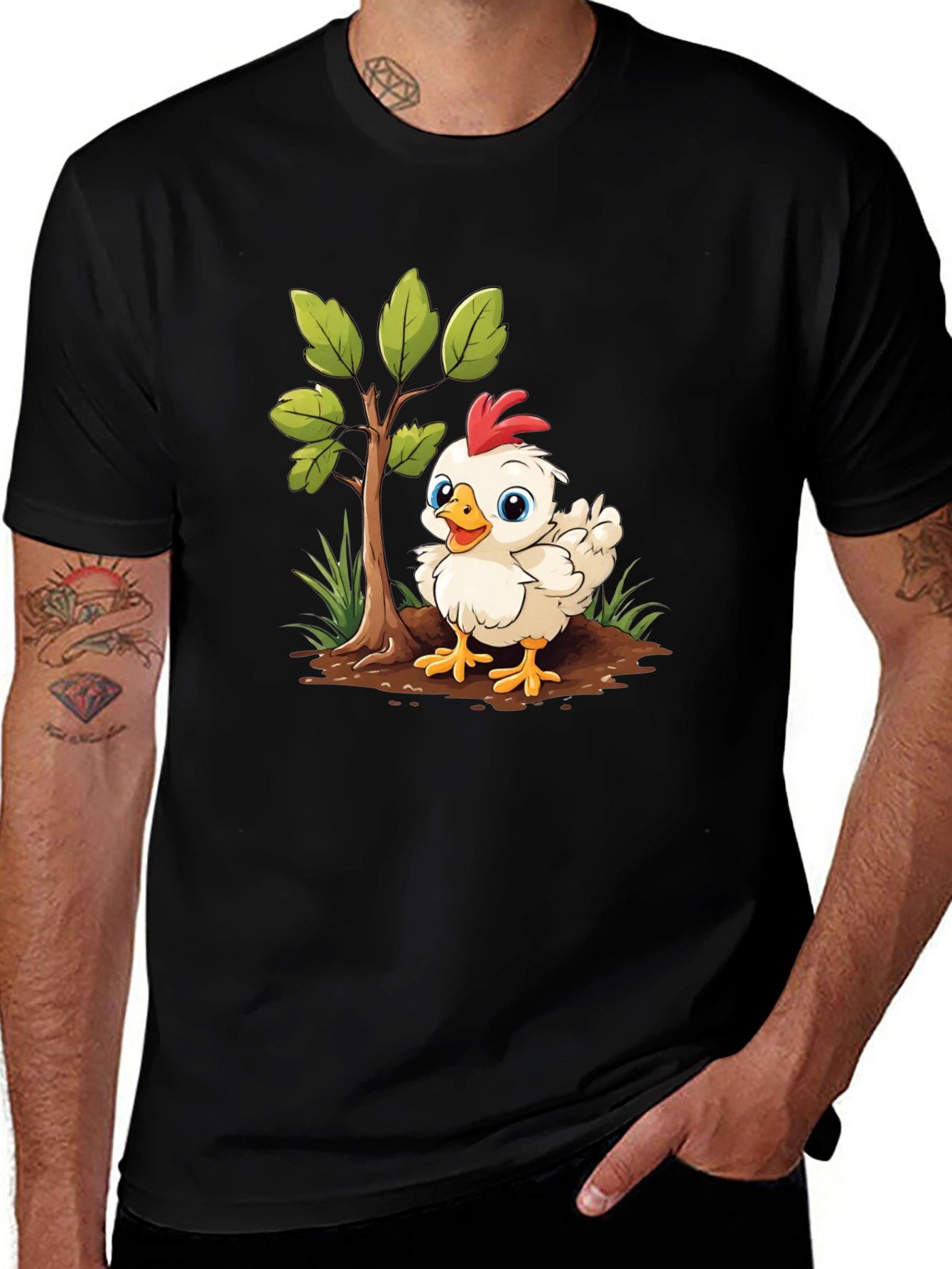 Cute Cartoon Chicken Tree Graphic Tee - Black